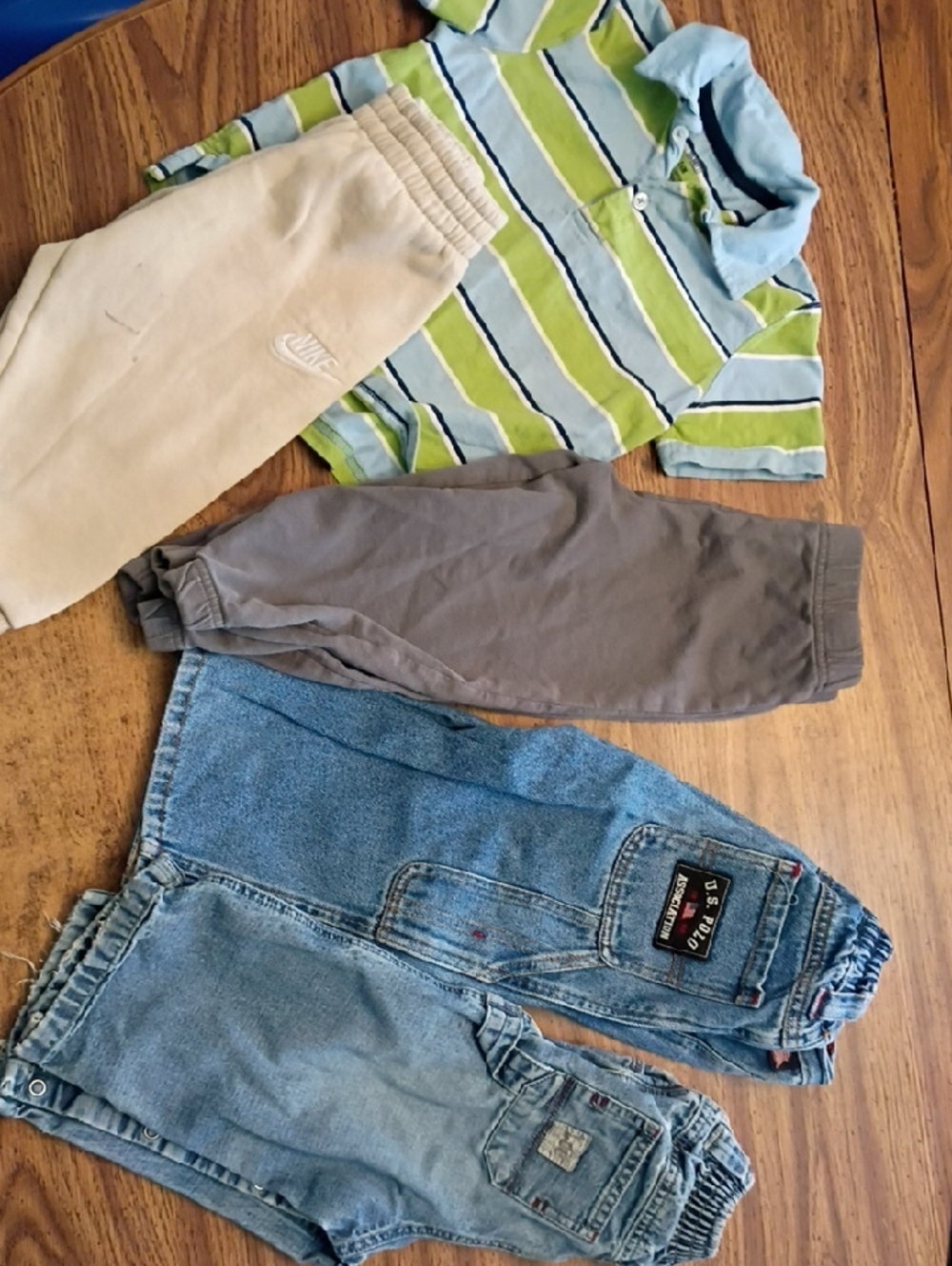 🛝2T Striped Polo Shirt with Multiple Pants Bundle - Green & Blue *Flawed*